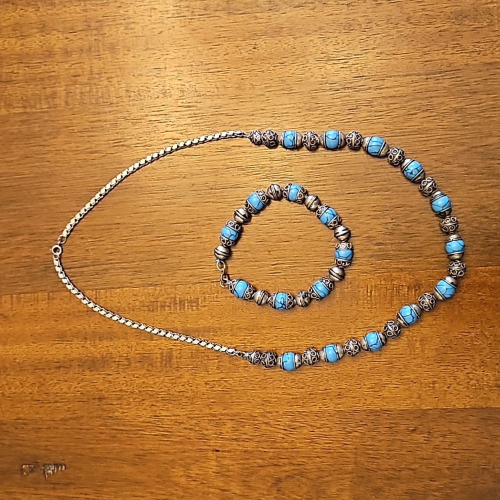 Silver and turquoise beaded necklace and bracelet
